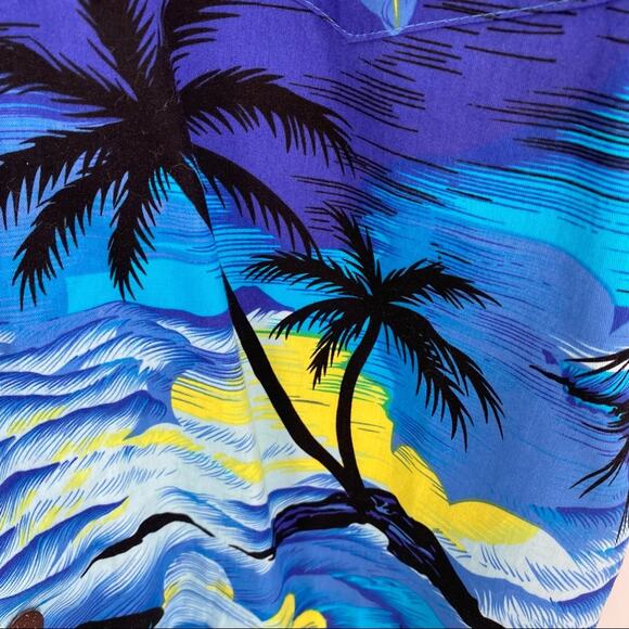 Palmwave Hawaiian shirt size small blue yellow surfer volcano palm trees - Picture 6 of 9